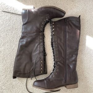 Brown Lace-Up Knee-High Boots